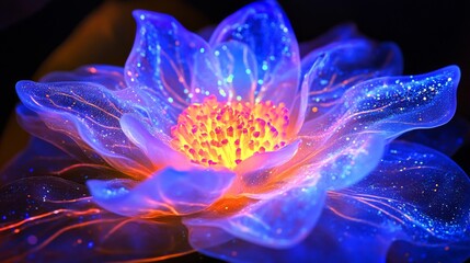 Glowing Blue Flower with Orange Center, Dark Background