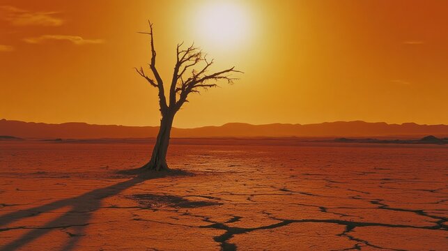 A lonely tree in an arid field under an orange sky, representing desertification and heat