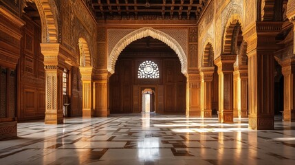 A historic mosque interior with detailed wooden carvings and grand arched doorways