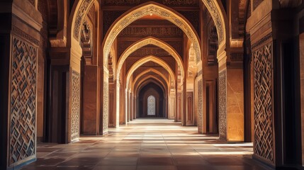 Fototapeta premium A historic mosque interior with detailed wooden carvings and grand arched doorways