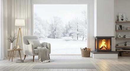 Fototapeta premium Winter's Embrace: Hearth & Window AI Generated