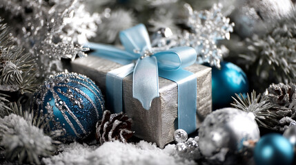 Silver gift box with light-blue ribbon, nestled among blue and silver ornaments, pine cones, and faux snow, evokes a festive winter or Christmas atmosphere