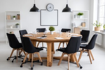 Modern Minimalist Meeting Room Interior Design Featuring A Round Wooden Table And Black Chairs