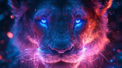 Fiery Glowing Lion Portrait with Blue and Red Sparks