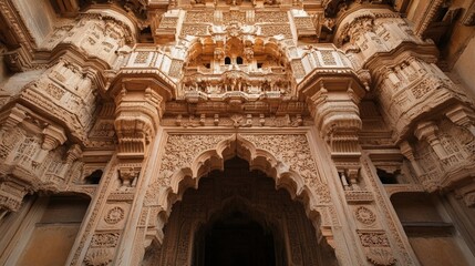 A historic mosque made of sandstone, showcasing intricate carvings and Islamic motifs
