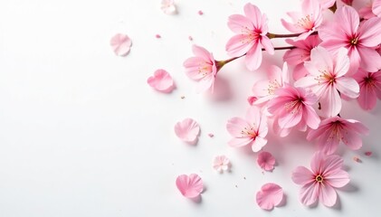 Fototapeta premium Delicate, scattered blossoms on white background, soft, design element, art