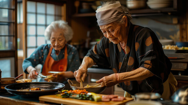 Elderly women cooking traditional Japanese dishes in cozy kitchen