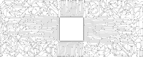 Computer motherboard pattern, circuit board background. Vector intricate circuitry motif with soldered connections and electronic components, creating dynamic and interconnected design, AI concept