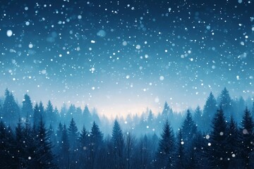 Fototapeta premium Dark Blue Winter Forest Night Landscape with Falling Snow