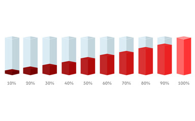 Square flasks low with percentages from 10 to 100 with red filling
Vector icons of flasks from 10 to 100 percent