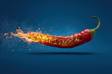 Fiery Red Pepper: Exploding with intense heat, spice, and flavor against a vibrant blue background