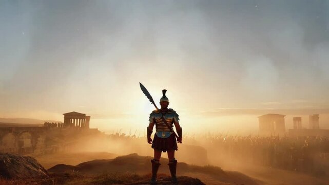 epic wide-angle shot at sunrise Capitoline Hill, Roman centurion lorica segmentata thousands of legionaries arranged eagle formation, golden light glinting bronze helmets, slow cinematic drone reveal