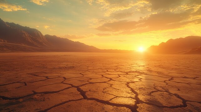 Dry cracked earth in an arid region showing the effects of drought and climate change, environmental awareness, no people