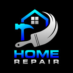 Home construction logo vector illustration template blue and black. Simple letter of house repair build & renovation with black background