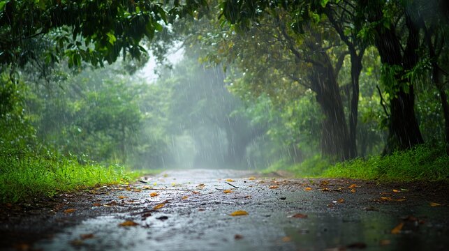 Rainy road through lush green forest; misty atmosphere, tranquil scene; ideal for travel, nature, or weather blogs