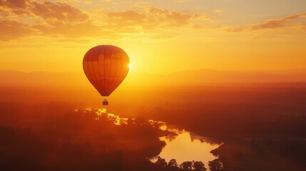 Obraz premium A hot air balloon drifting across the sky with the golden sun in the background