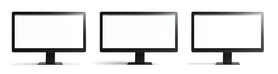 Three different black-framed computer monitors with white screens, all on the same stand, isolated on a white backg in a flat lay arrangement