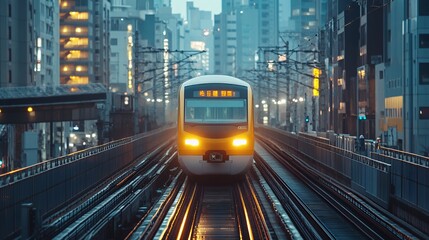 Obraz premium A modern train approaches on tracks amidst a vibrant cityscape at dusk.