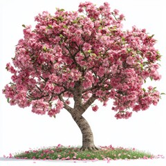 Obraz premium Lush pink cherry blossom tree against a stark white background.