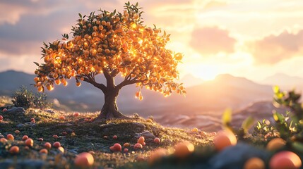 Fototapeta premium A vibrant orange tree glows in the golden sunset, surrounded by fallen fruits.