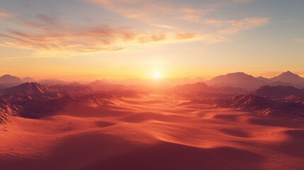 Breathtaking sunset over vast desert dunes with warm colors and towering mountains.