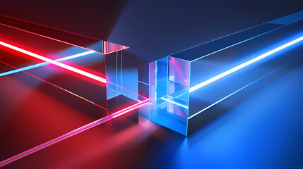 Triangular prism light refraction with gold-cyan beams, geometric optics theme.Generative AI