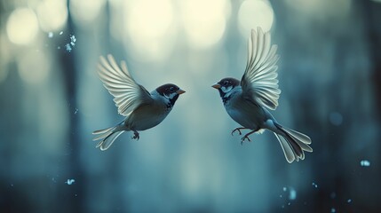 Obraz premium Two small birds in flight, against a soft, blurred background.