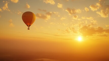 Obraz premium A hot air balloon drifting across the sky with the golden sun in the background