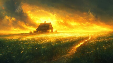 Naklejka premium Golden Hour Farmhouse in a Yellow Field