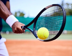 Close-up of a tennis racket holding a yellow tennis ball, with a hand wearing a white wristband gripping the racket on a clay tennis court.