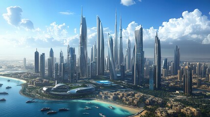 A hypermodern Dubai, where self-sustaining eco-buildings and AI-driven technology dominate the skyline