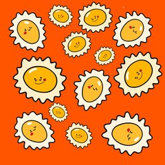 sun  Pattern. Seamless pattern of cartoon fried eggs.cute cartoon fried eggs with happy faces. Perfect for backgrounds, textiles, or food-related , summer designs.