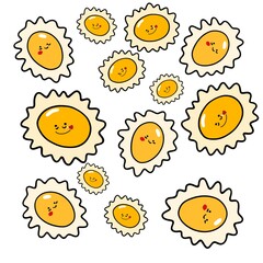 set of vector icons. sun  Pattern. Seamless pattern of cartoon fried eggs.cute cartoon fried eggs with happy faces. Perfect for backgrounds, textiles, or food-related , summer designs.