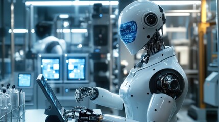 A hyper-realistic humanoid robot working alongside humans in a high-tech laboratory, representing AI-driven automation.