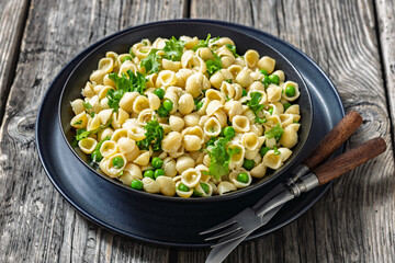 Pasta with green peas in a bowl, italian cuisine