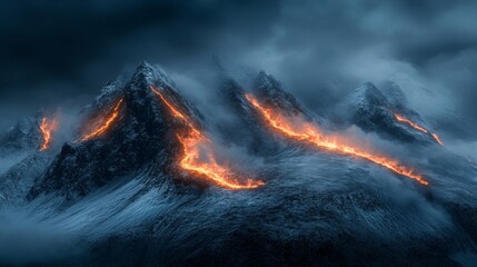 Fiery Lava Flows Down Snowy Mountain Peaks