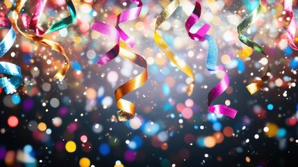 Naklejka premium Festive confetti burst frozen in air with streamers, ribbons, and sparkles on black background