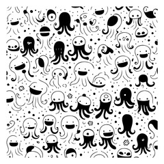 Playful Octopus Pattern: Whimsical Black and White Sea Creature Illustration