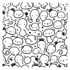 Playful sea creature doodles in a whimsical ocean-themed monochrome pattern