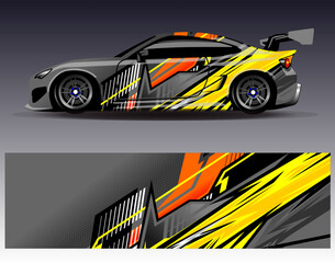 Fototapeta premium Car wrap design vector. Graphic abstract stripe racing background designs for vehicle, rally, race, adventure and car racing livery