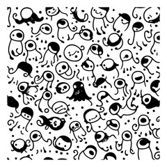 Whimsical Doodle Invasion: A Playful Black and White Character Extravaganza