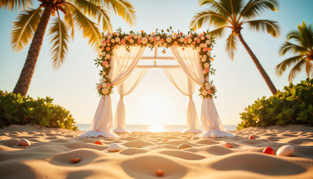 Elegant wedding arch on sandy beach at sunset, romantic celebration