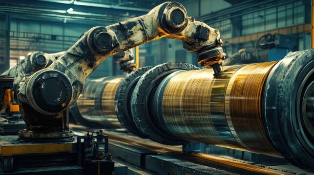 Industrial robotic arms precisely placing rubber strips onto a rotating drum for shaping