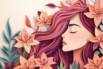 Delicate paper art portrait of a serene woman surrounded by flowers.