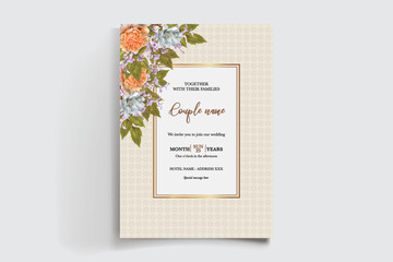 WEDDING INVITATION FRAME WITH FLOWER DECORATIONS AND FRESH LEAVES