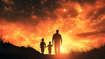 A silhouette of a father and two children against a cosmic sunset.
