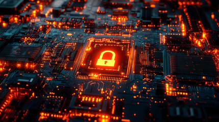 Fototapeta premium Digital data security related futuristic technological background with a padlock icon on computer circuit board.