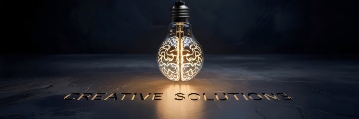 Glowing lightbulb shaped like a brain with "creative solutions" etched below – Perfect for innovation, thought leadership, or brainpower-related content