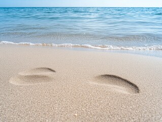 Sandy footprints on the beach meet the ocean