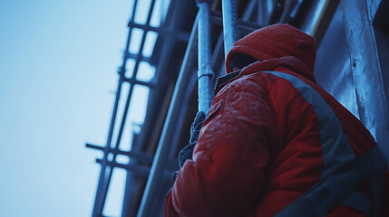Person in Red Jacket Climbing Industrial Ladder